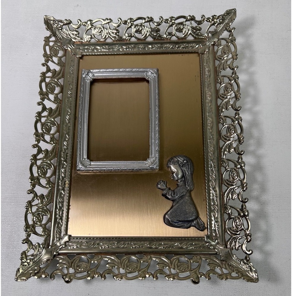 Vintage Ornate Metal Picture Frame Praying Girl Religious Decor Vignette Glam